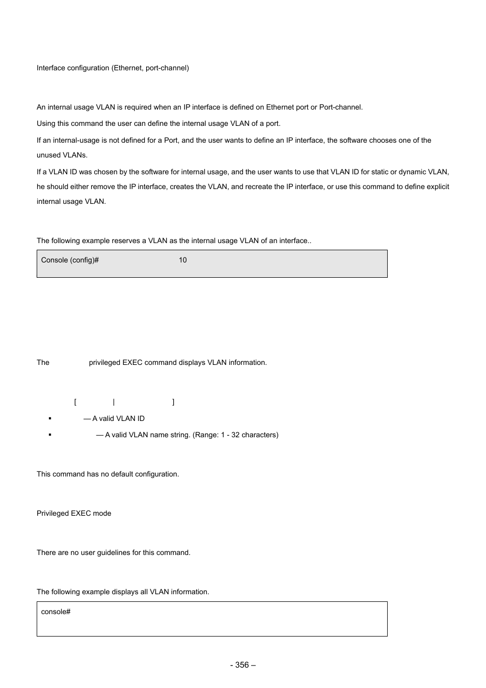 19 show vlan, Command mode, User guidelines | Examples, Syntax, Default configuration, Example | Planet Technology WGSD-8000 User Manual | Page 356 / 382