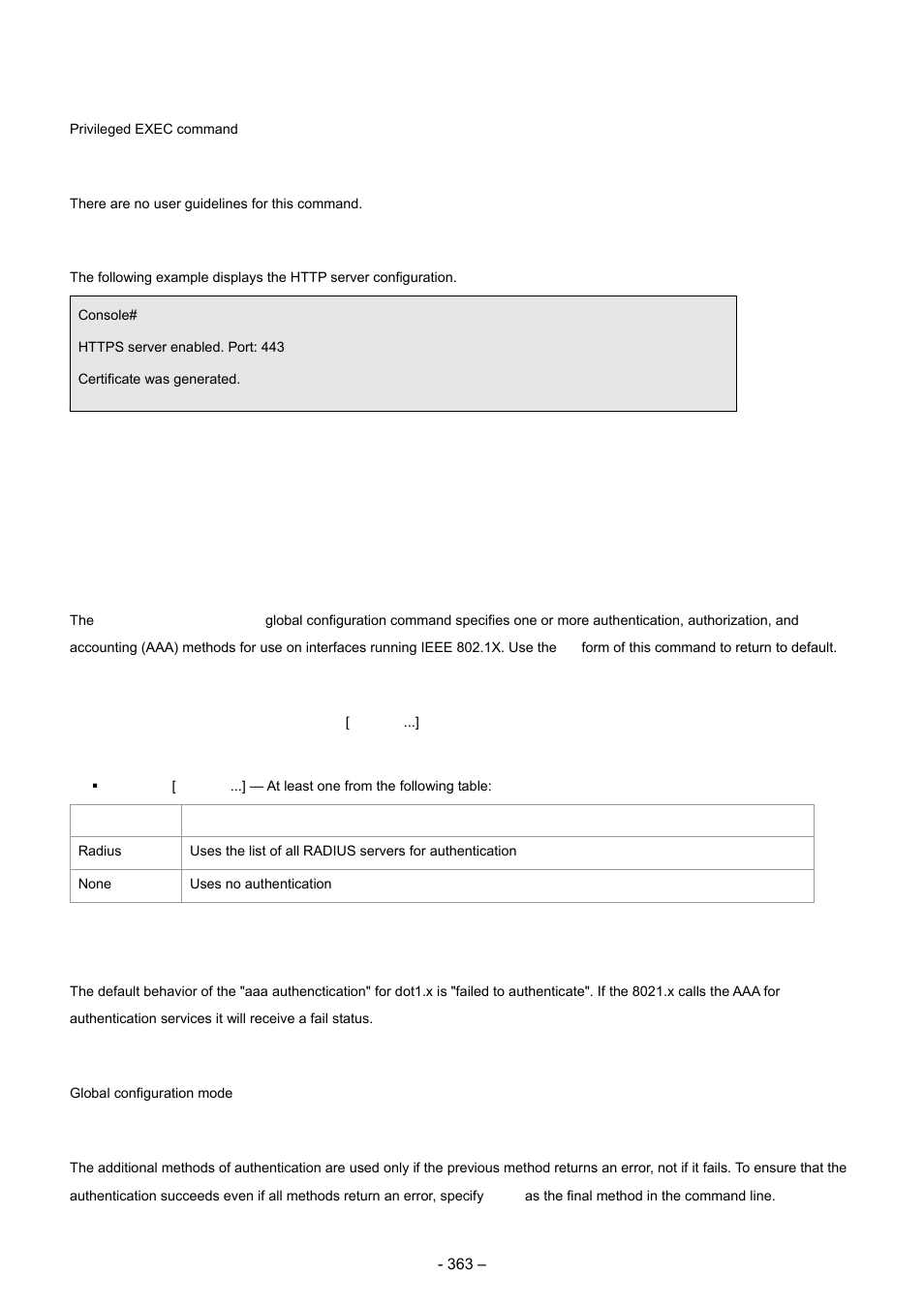 29 802.1x commands, 1 aaa authentication dot1x, Command mode | User guidelines, Example, Syntax, Default configuration | Planet Technology WGSD-8000 User Manual | Page 363 / 382