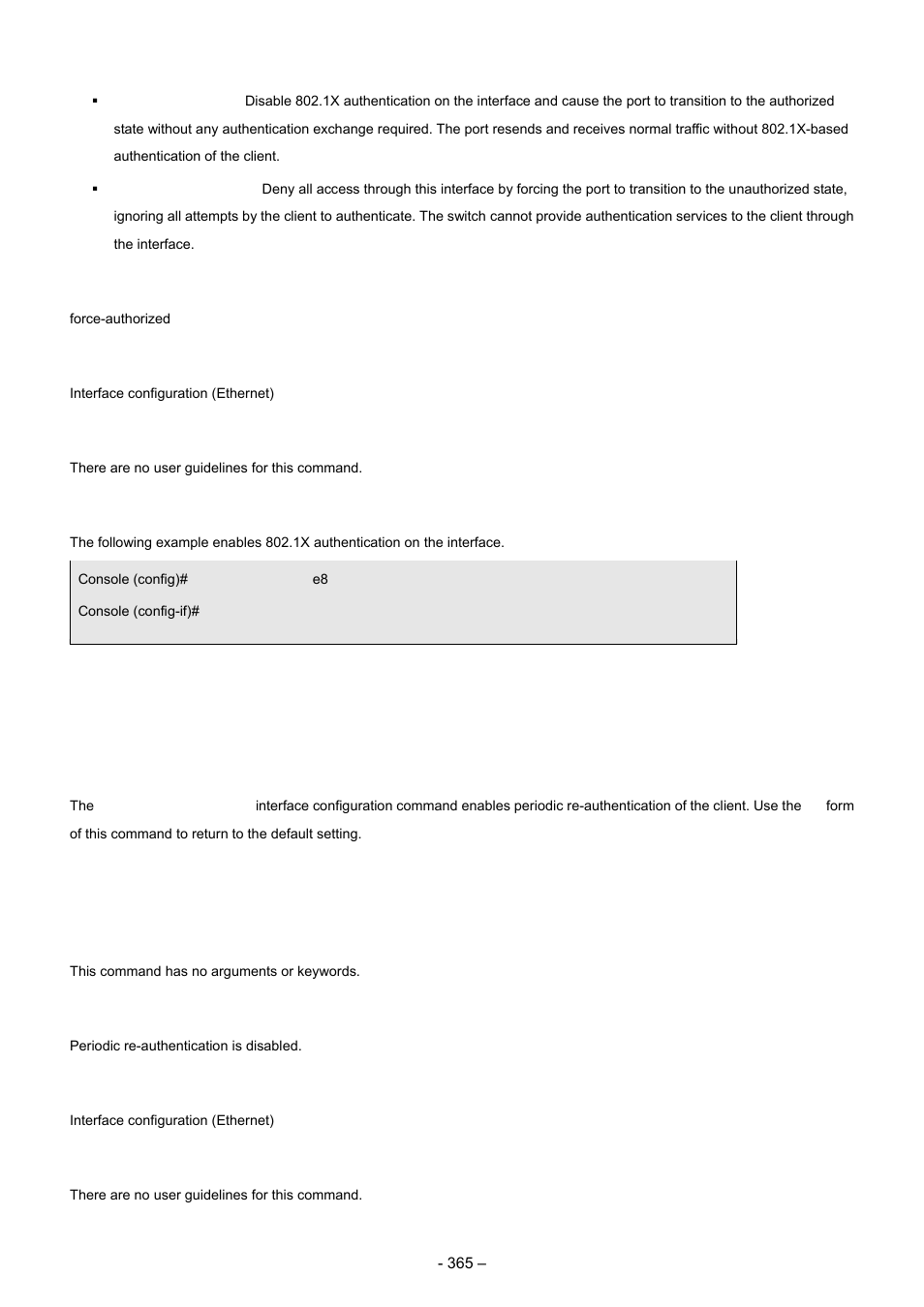 4 dot1x re-authentication, Default configuration, Command mode | User guidelines, Examples, Syntax | Planet Technology WGSD-8000 User Manual | Page 365 / 382