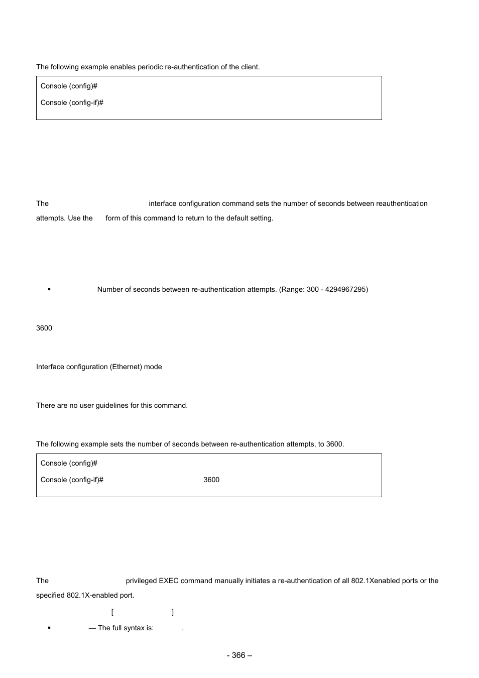 5 dot1x timeout re-authperiod, 6 dot1x re-authenticate, Examples | Syntax, Default configuration, Command mode, User guidelines | Planet Technology WGSD-8000 User Manual | Page 366 / 382