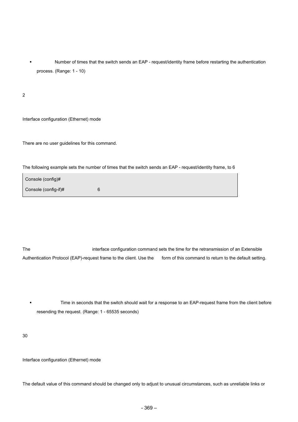 10 dot1x timeout supp-timeout, Syntax, Default configuartion | Command mode, User guidelines, Examples, Default configuration | Planet Technology WGSD-8000 User Manual | Page 369 / 382