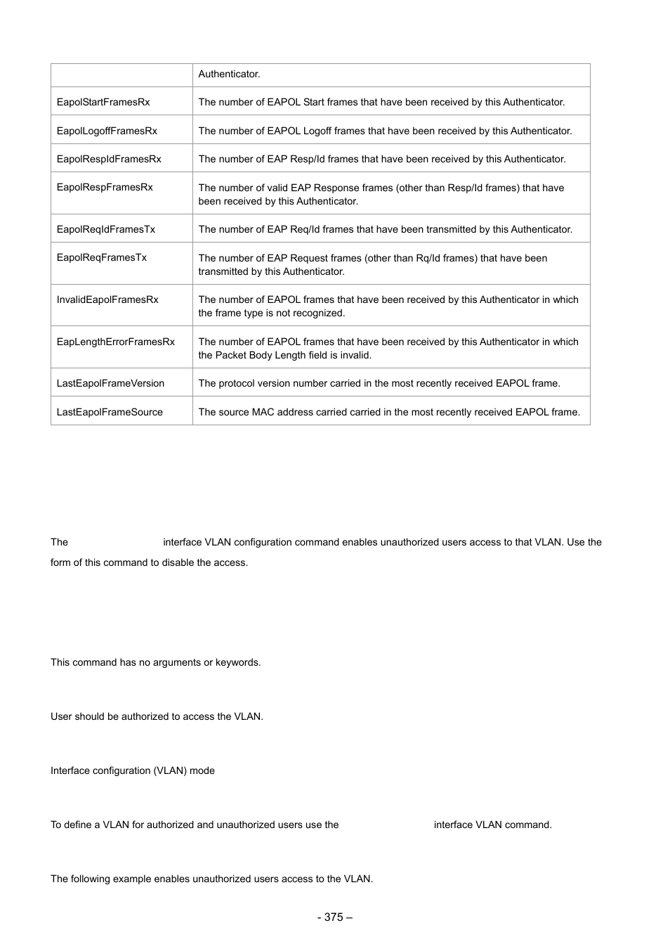 15 dot1x auth-not-req, Syntax, Default configuration | Command mode, User guidelines, Examples | Planet Technology WGSD-8000 User Manual | Page 375 / 382