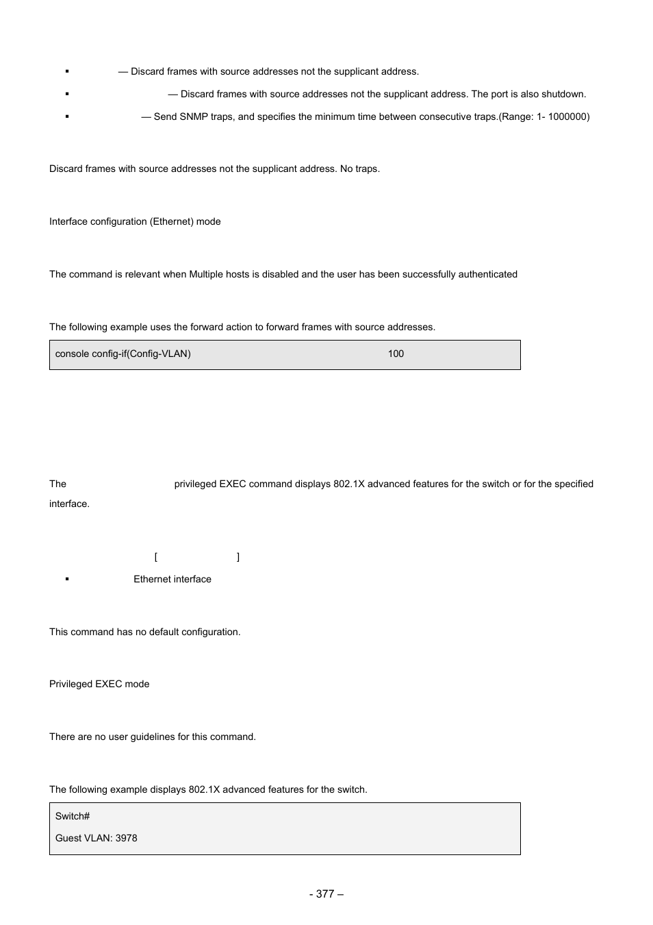 19 show dot1x advanced, Default configuration, Command mode | User guidelines, Examples, Syntax | Planet Technology WGSD-8000 User Manual | Page 377 / 382