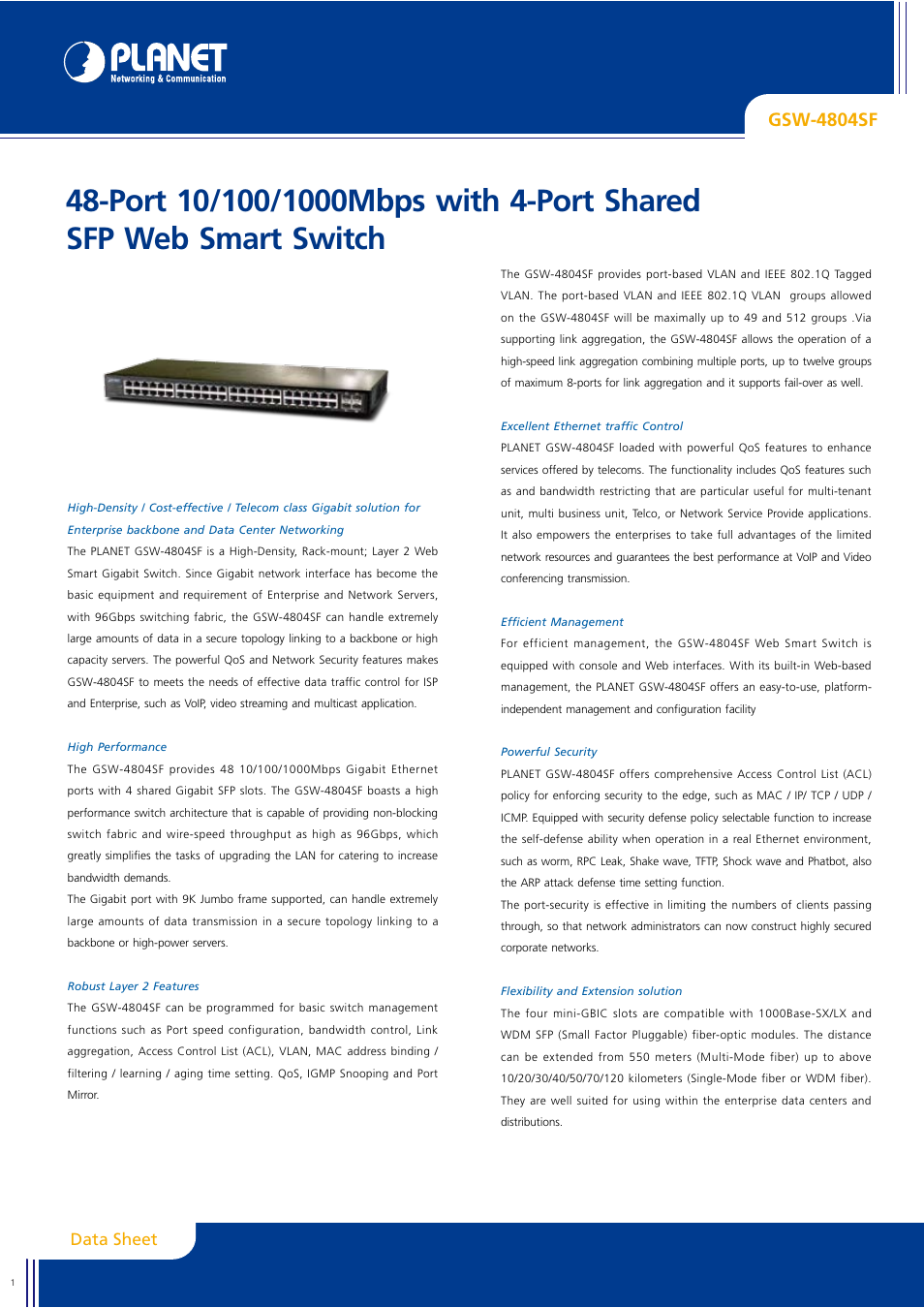 Planet Technology GSW-4804SF User Manual | 5 pages