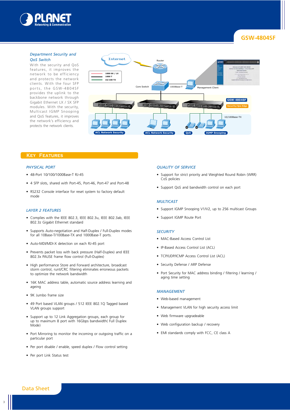 Gsw-4804sf, Data sheet, Key features | Internet | Planet Technology GSW-4804SF User Manual | Page 3 / 5