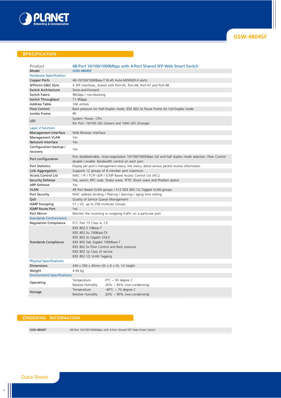 Gsw-4804sf, Data sheet, Specification ordering information | Planet Technology GSW-4804SF User Manual | Page 4 / 5