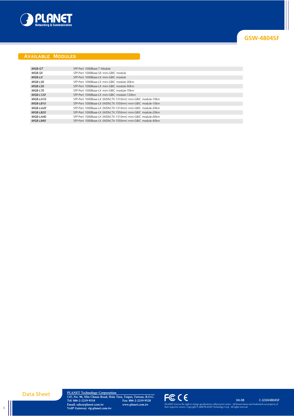 Gsw-4804sf, Data sheet, Available modules | Planet Technology GSW-4804SF User Manual | Page 5 / 5