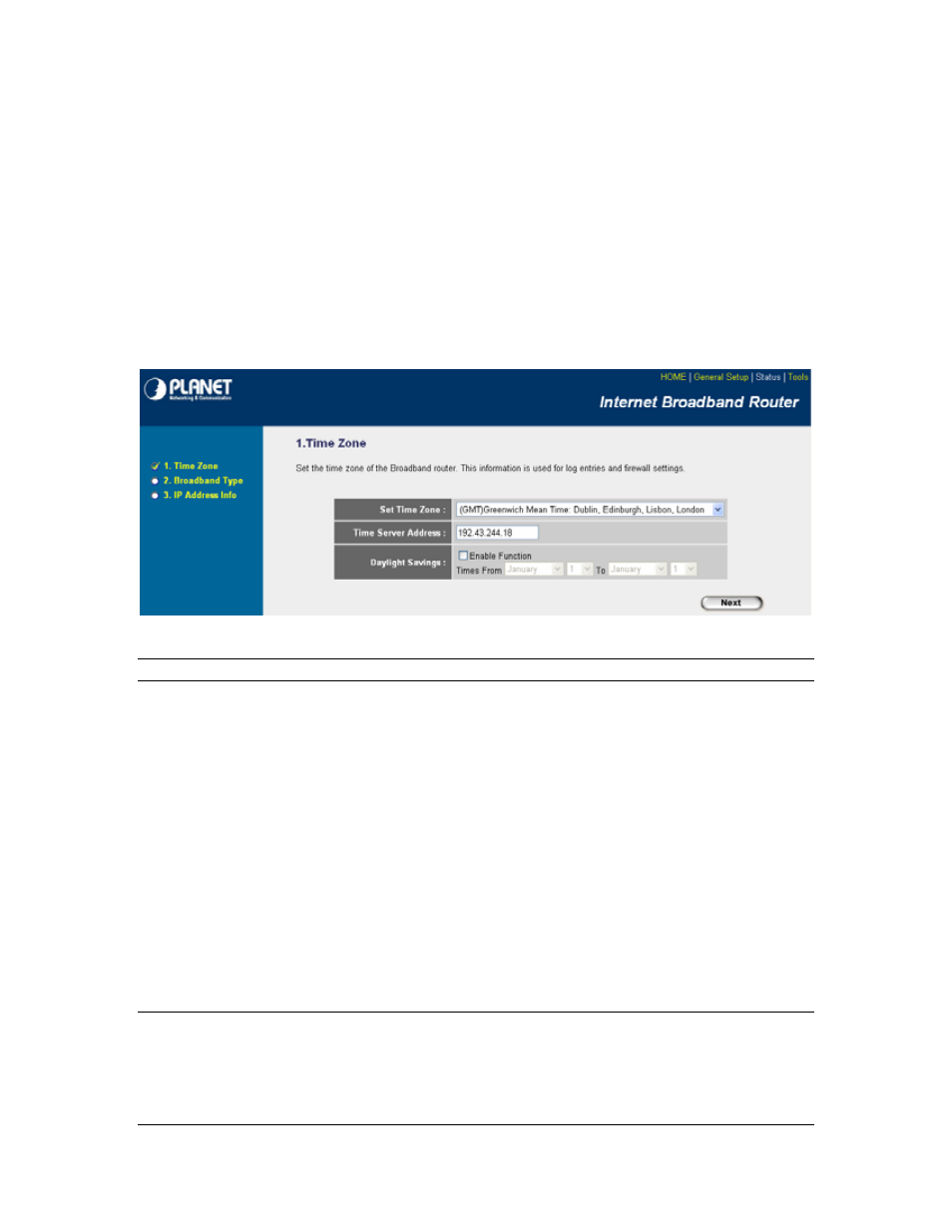 Chapter 1, Chapter 1 quick setup step 1) time zone | Planet Technology VRT-401G User Manual | Page 16 / 86
