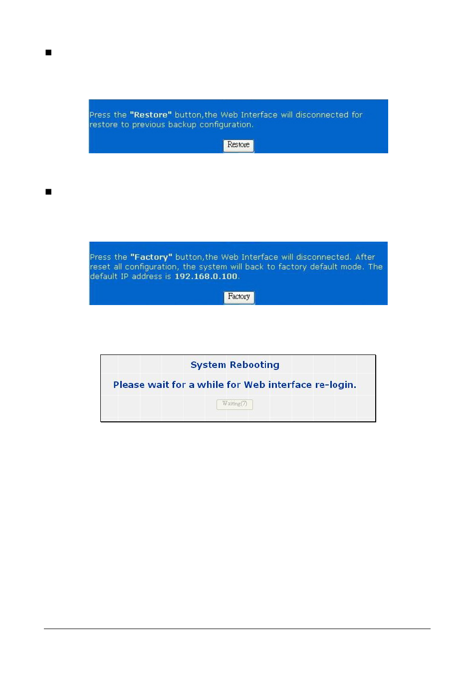 Restore, Factory reset | Planet Technology POE-2400 User Manual | Page 26 / 41