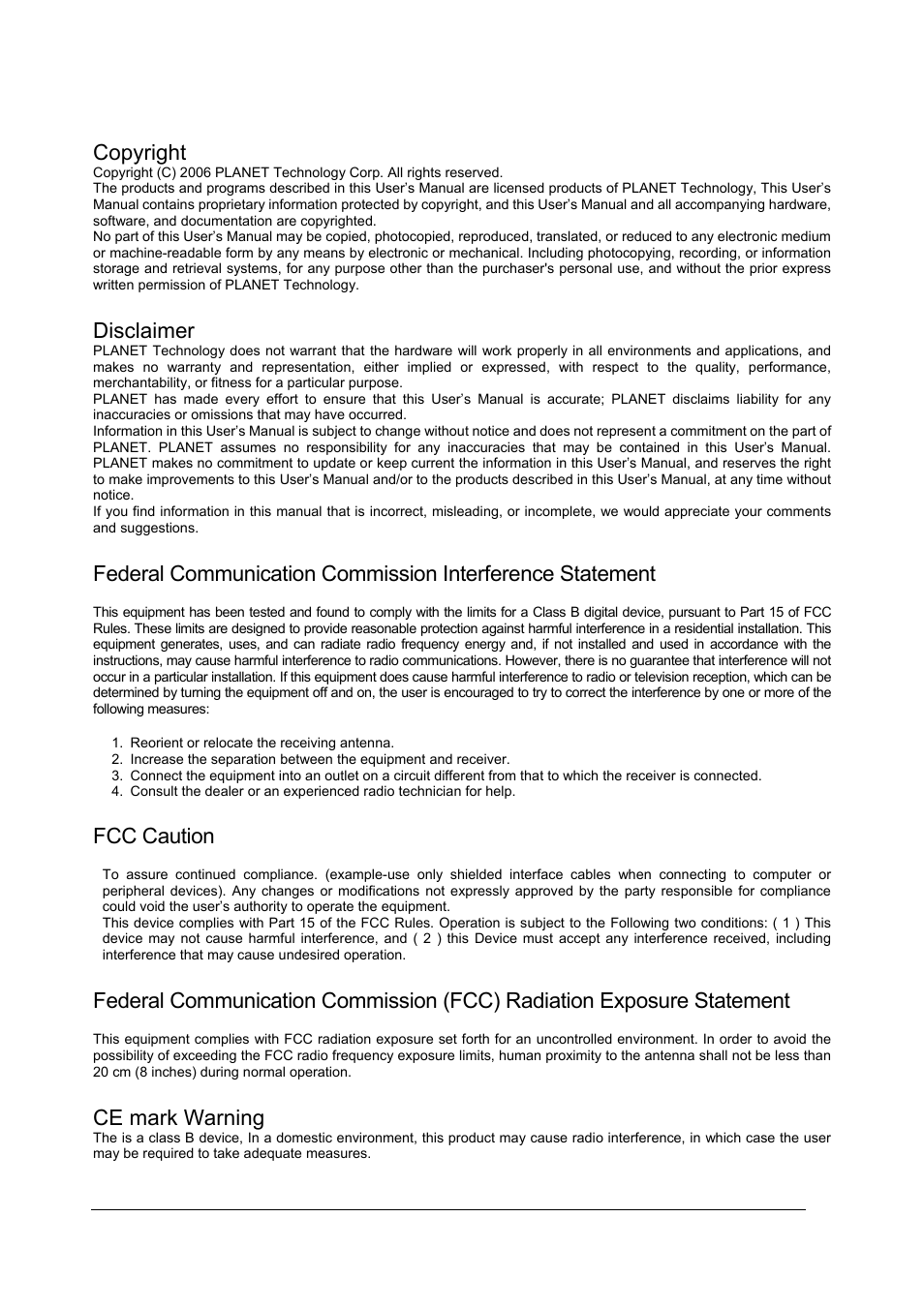 Copyright, Disclaimer, Fcc caution | Ce mark warning | Planet Technology BT-510U User Manual | Page 2 / 151