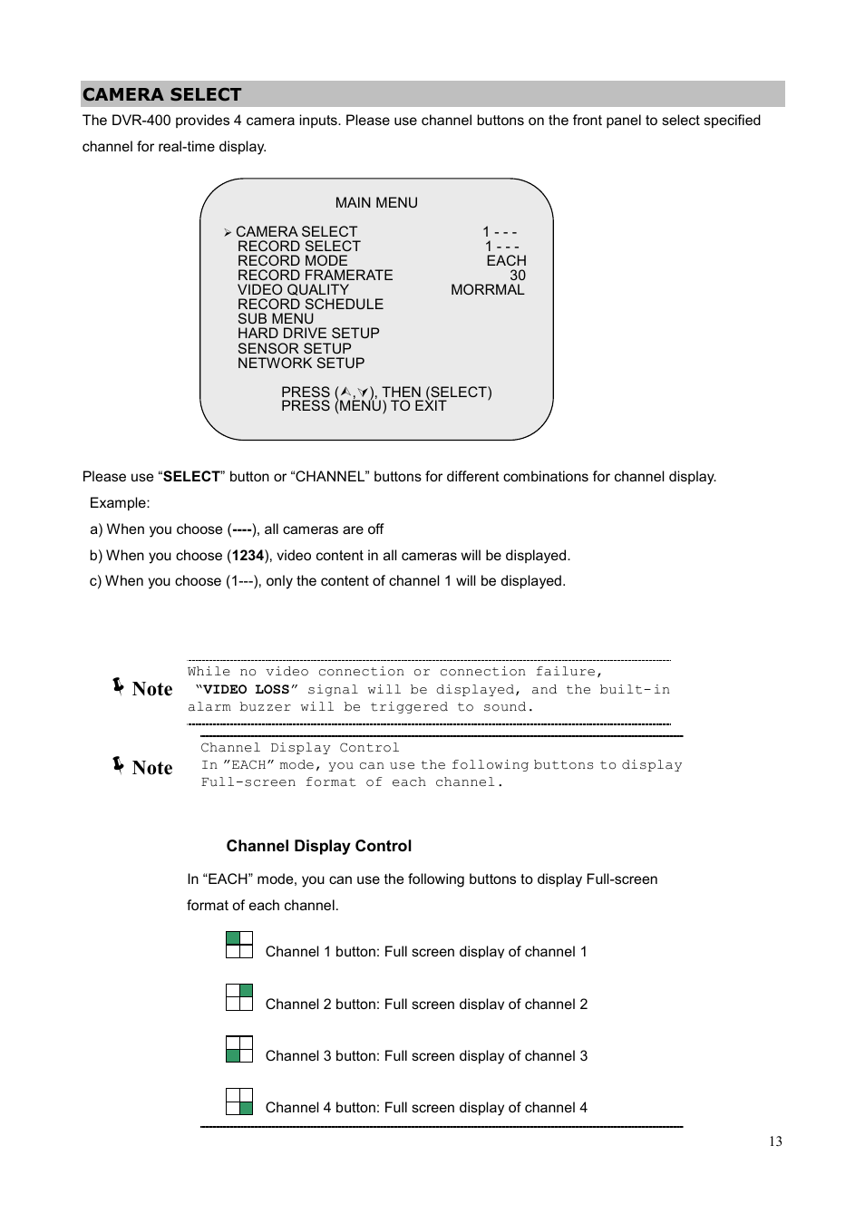 Camera select | Planet Technology DVR-400 User Manual | Page 17 / 33