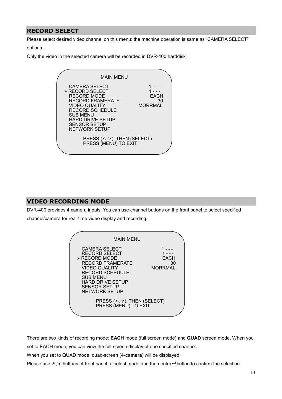 Record select, Video recording mode | Planet Technology DVR-400 User Manual | Page 18 / 33