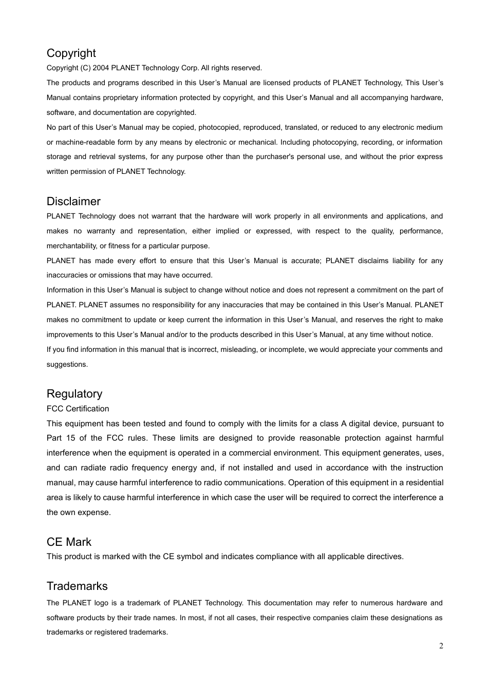 Copyright, Disclaimer, Regulatory | Ce mark, Trademarks | Planet Technology DVR-400 User Manual | Page 2 / 33