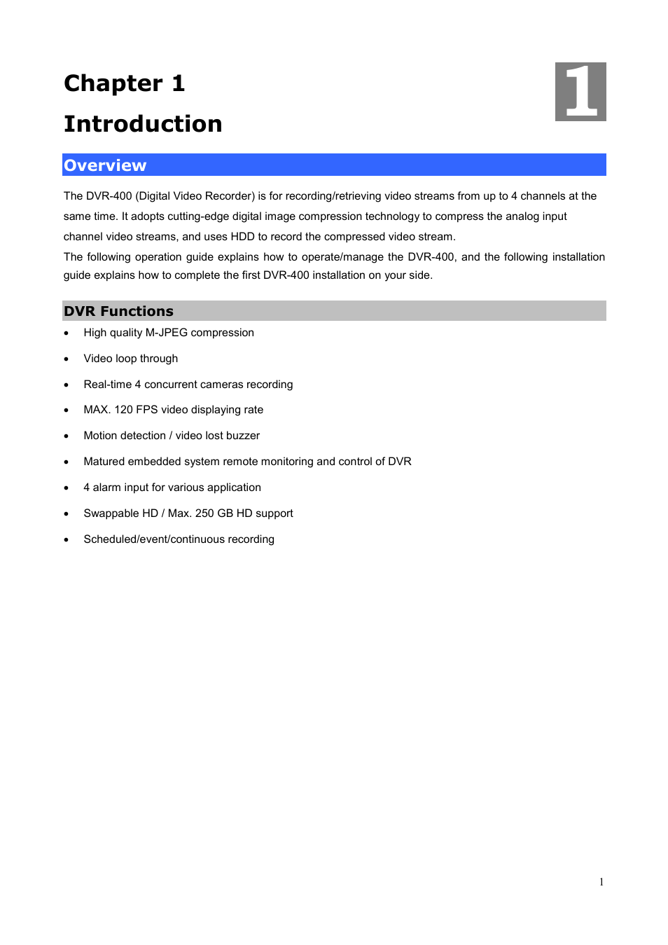 Chapter 1 introduction, Overview, Dvr functions | Planet Technology DVR-400 User Manual | Page 5 / 33