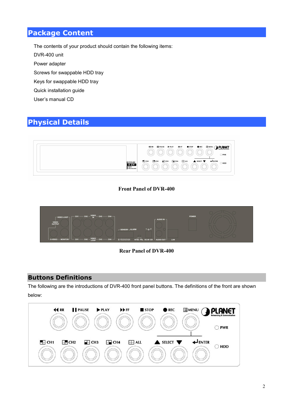 Package content, Physical details, Buttons definitions | Planet Technology DVR-400 User Manual | Page 6 / 33