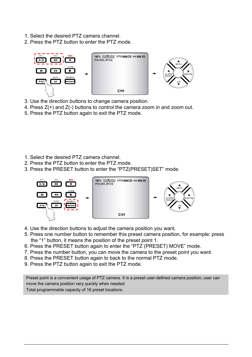 3 ptz camera operation, 4 ptz camera preset mode | Planet Technology DVR-471 User Manual | Page 23 / 84