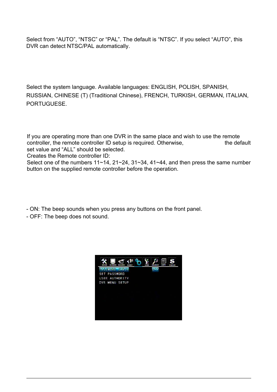 3 video standard, 4 language, 5 remote control id | 6 key echo, 7 advanced setup | Planet Technology DVR-471 User Manual | Page 37 / 84