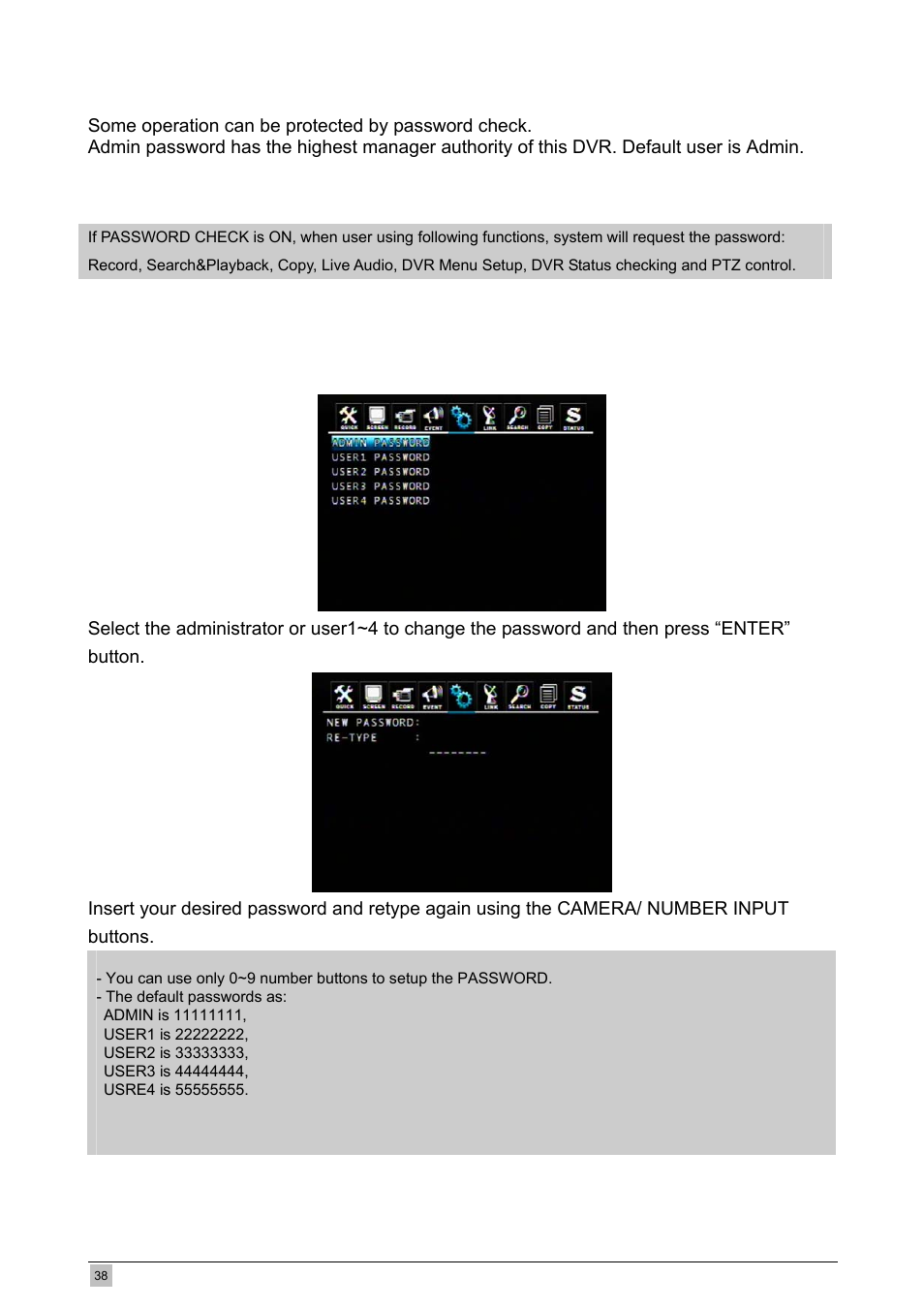 1 password check, 2 set passwork | Planet Technology DVR-471 User Manual | Page 38 / 84
