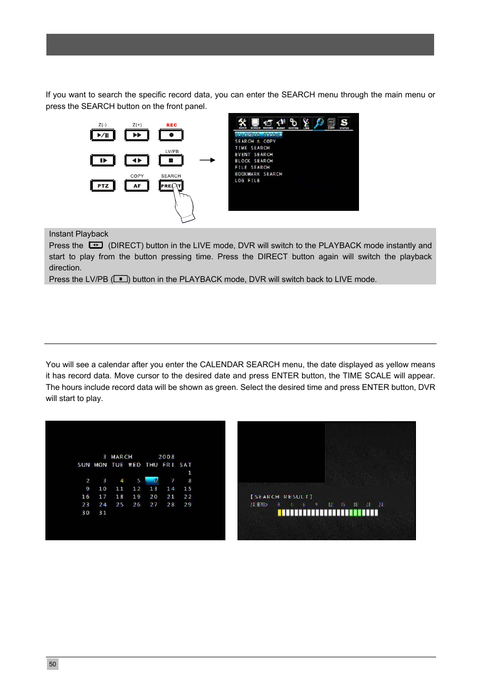 Search operation and setup, 1 calendar search | Planet Technology DVR-471 User Manual | Page 50 / 84