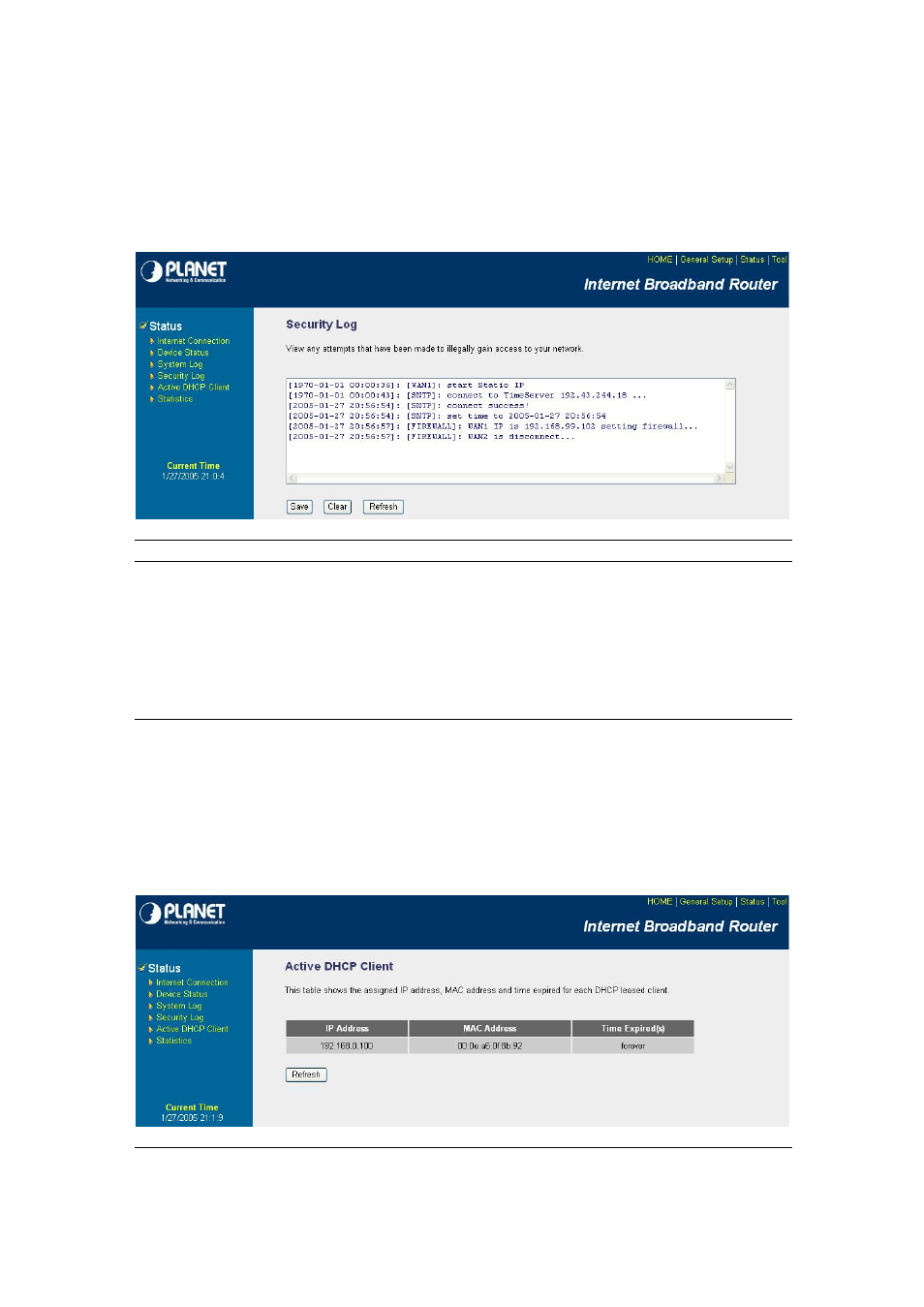 5 security log, 6 active dhcp client | Planet Technology XRT-104D User Manual | Page 59 / 68