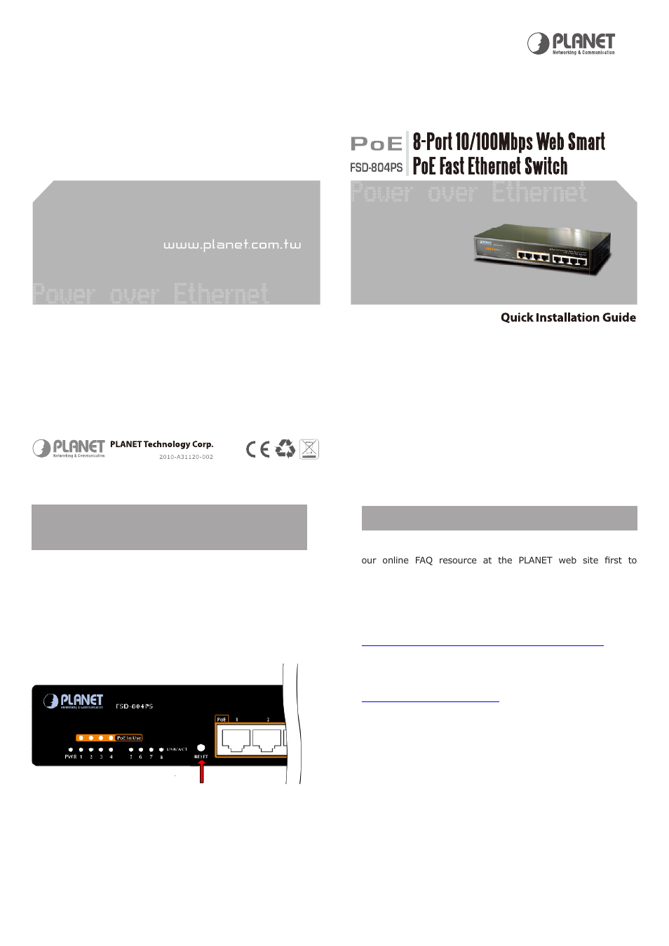 While ip address lost or forgotten admin password, Customer support | Planet Technology FSD-804PS User Manual | Page 3 / 3