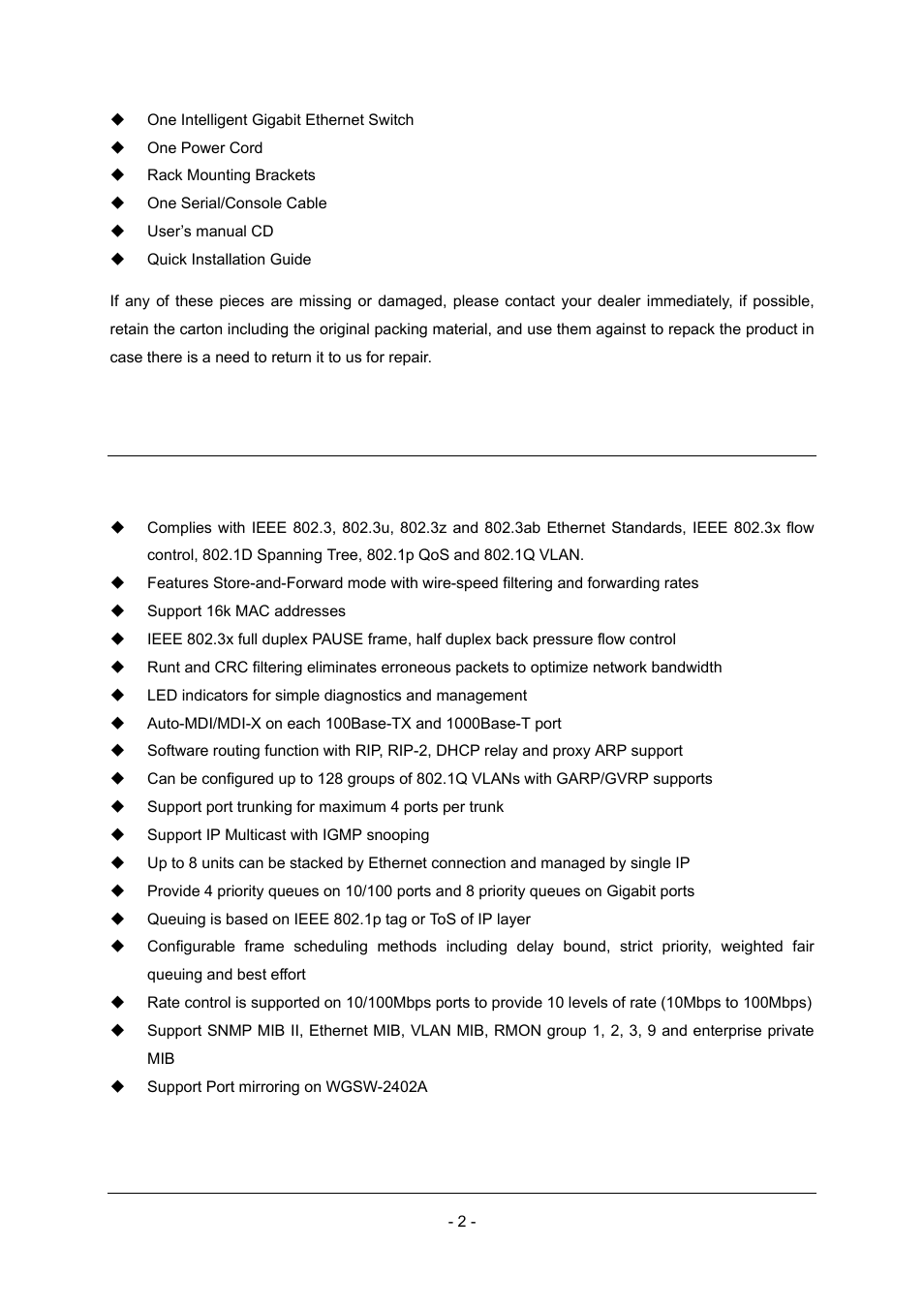 2 features | Planet Technology Planet Intelligent Gigabit Ethernet Stackable/Routing Switch WGSW-2402A User Manual | Page 10 / 285