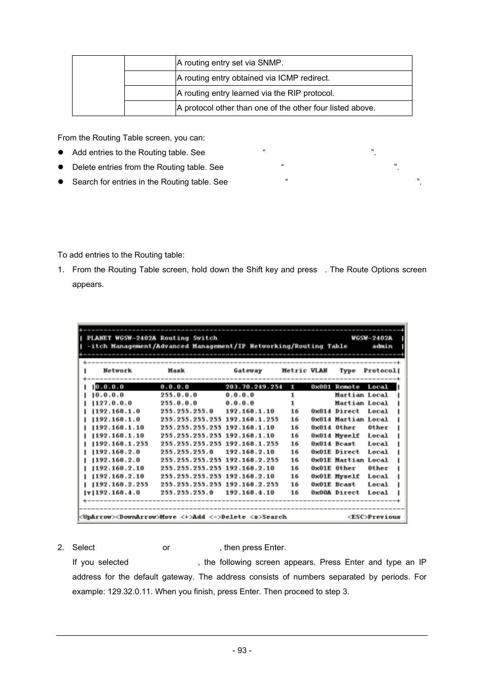 1 adding routing table entries | Planet Technology Planet Intelligent Gigabit Ethernet Stackable/Routing Switch WGSW-2402A User Manual | Page 101 / 285