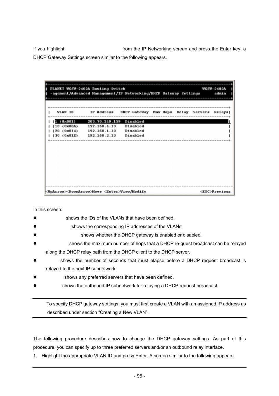 4 dhcp gateway settings | Planet Technology Planet Intelligent Gigabit Ethernet Stackable/Routing Switch WGSW-2402A User Manual | Page 104 / 285