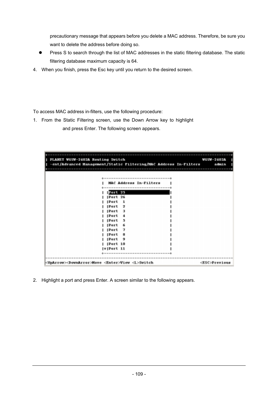 2 mac address in-filters | Planet Technology Planet Intelligent Gigabit Ethernet Stackable/Routing Switch WGSW-2402A User Manual | Page 117 / 285