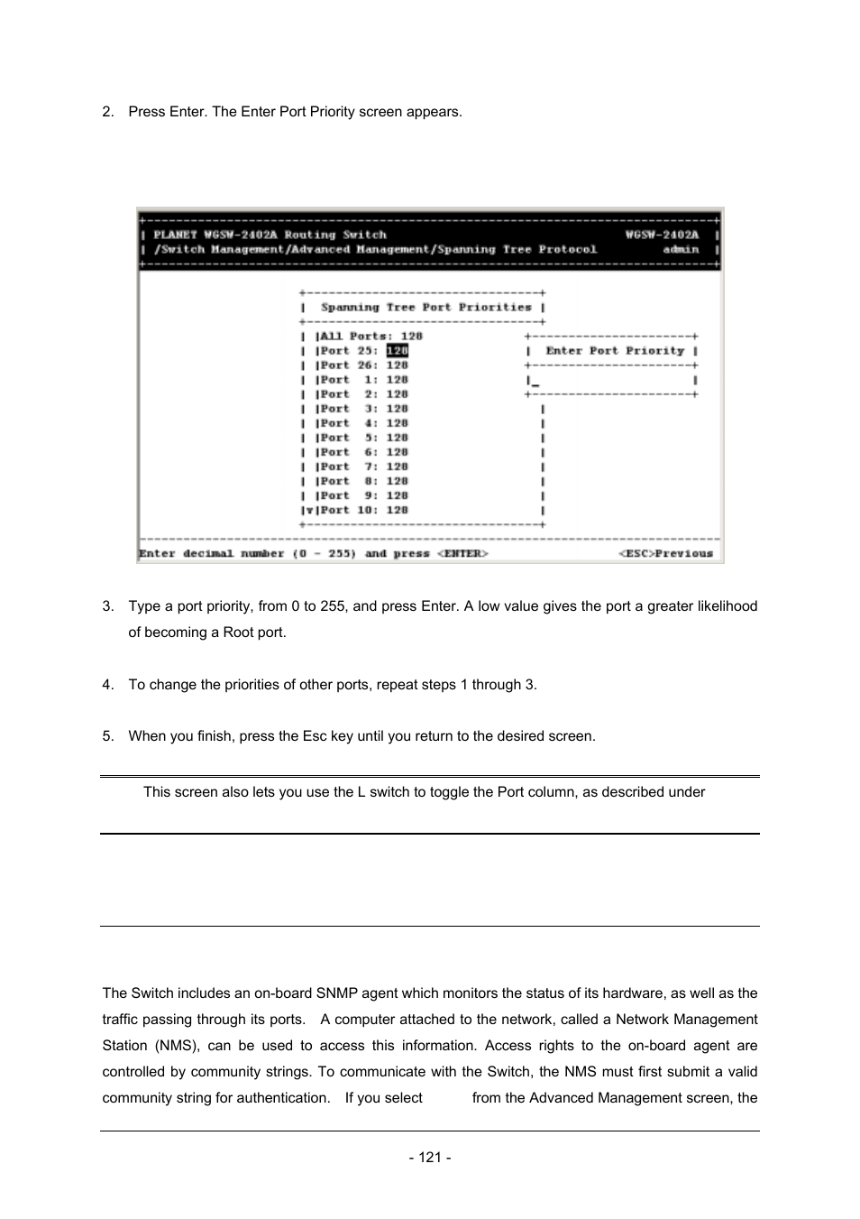 10 snmp functions | Planet Technology Planet Intelligent Gigabit Ethernet Stackable/Routing Switch WGSW-2402A User Manual | Page 129 / 285