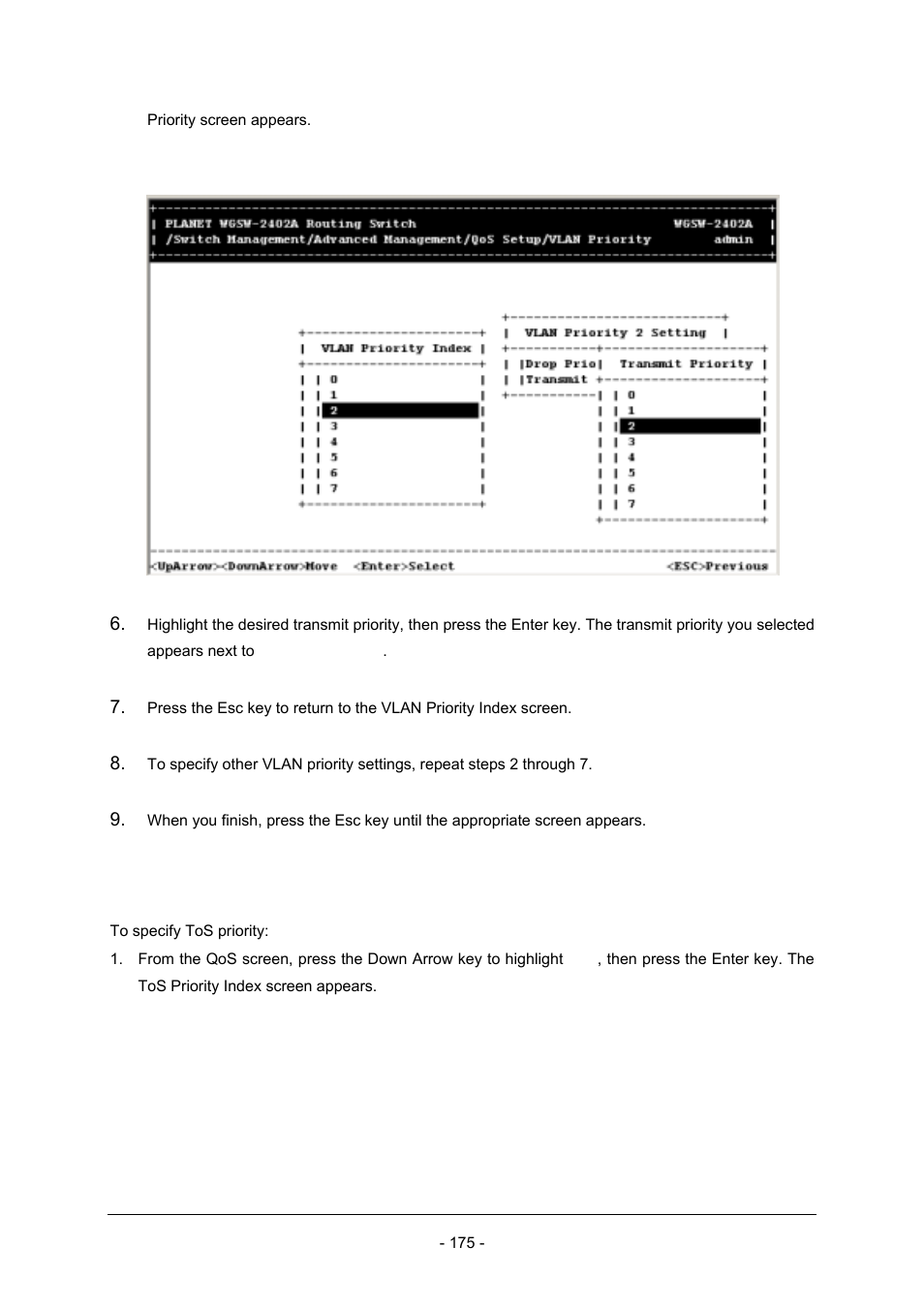 4 specifying the tos priority | Planet Technology Planet Intelligent Gigabit Ethernet Stackable/Routing Switch WGSW-2402A User Manual | Page 183 / 285