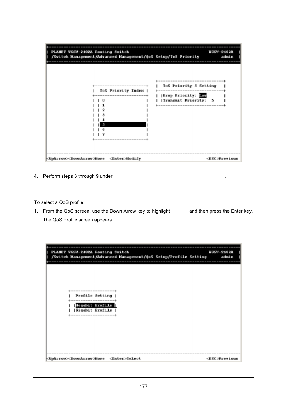 5 selecting a qos profile | Planet Technology Planet Intelligent Gigabit Ethernet Stackable/Routing Switch WGSW-2402A User Manual | Page 185 / 285