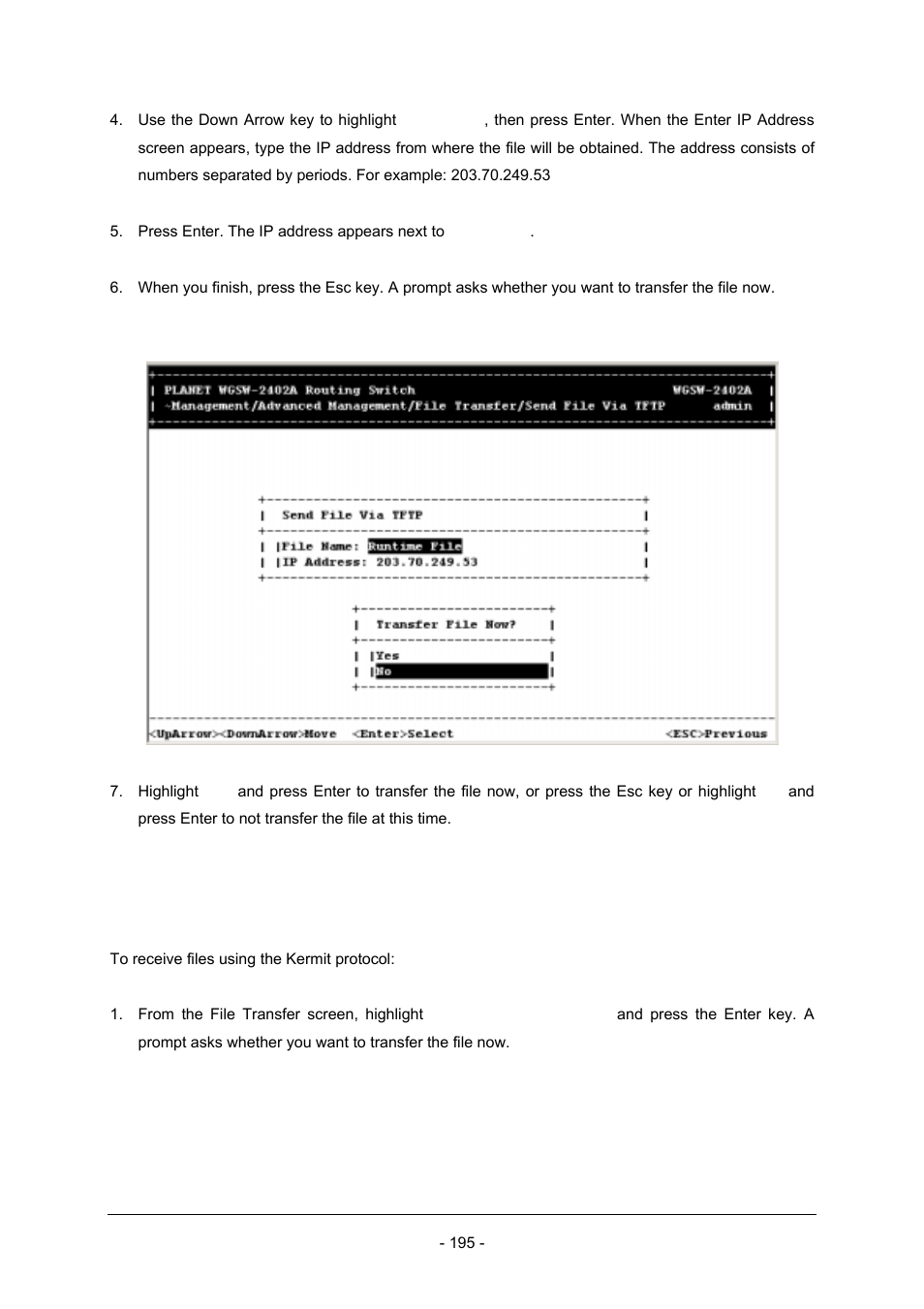 3 receiving files via kermit | Planet Technology Planet Intelligent Gigabit Ethernet Stackable/Routing Switch WGSW-2402A User Manual | Page 203 / 285