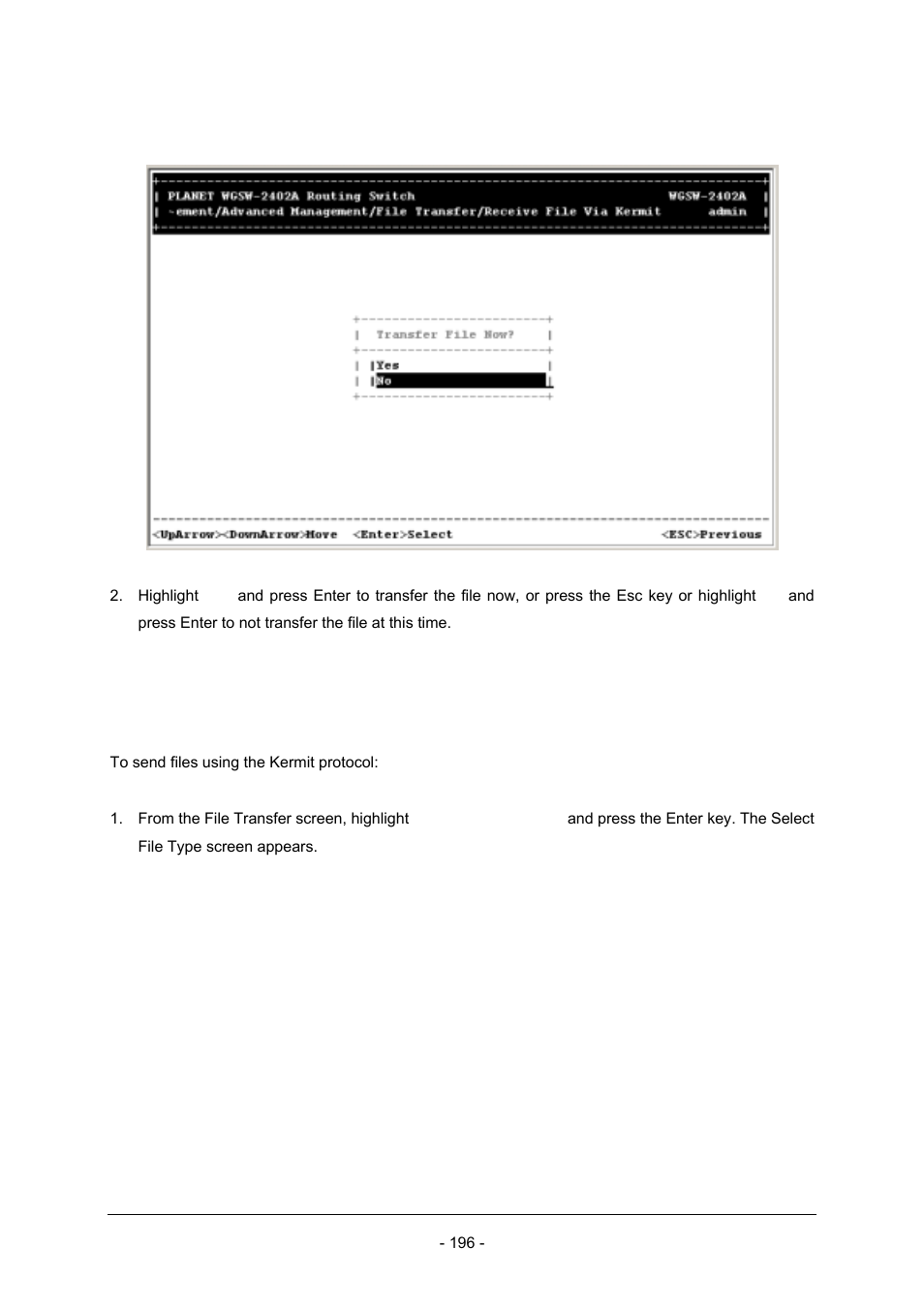 4 sending files via kermit | Planet Technology Planet Intelligent Gigabit Ethernet Stackable/Routing Switch WGSW-2402A User Manual | Page 204 / 285