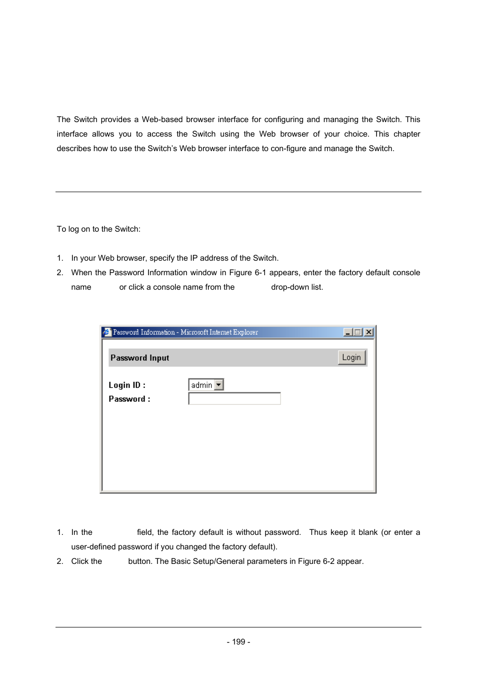 Chapter 6 web-based browser management, 1 logging on to the switch | Planet Technology Planet Intelligent Gigabit Ethernet Stackable/Routing Switch WGSW-2402A User Manual | Page 207 / 285