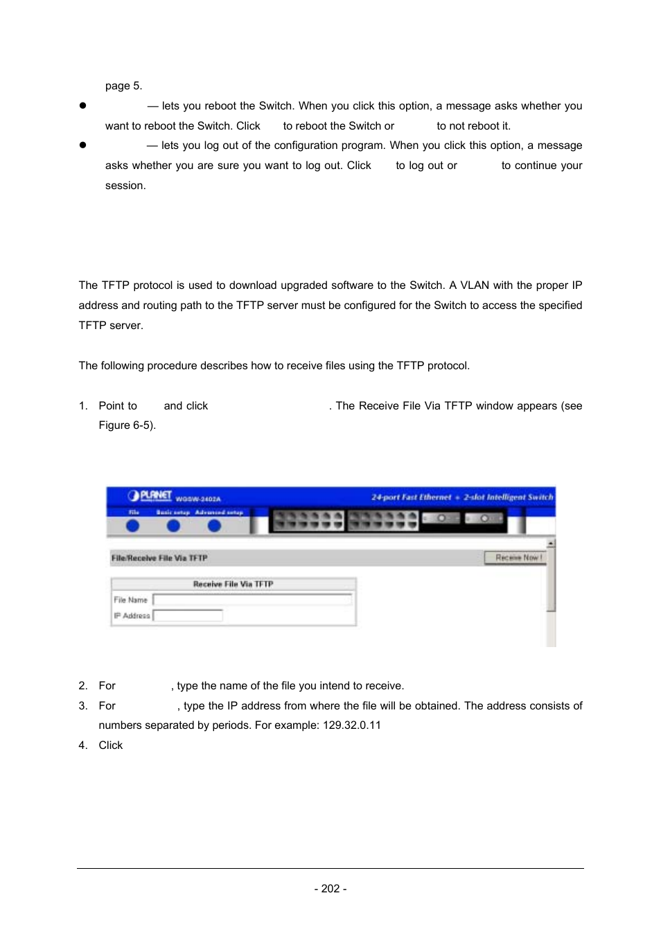 1 receiving files via tftp | Planet Technology Planet Intelligent Gigabit Ethernet Stackable/Routing Switch WGSW-2402A User Manual | Page 210 / 285