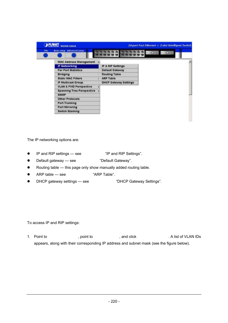 1 ip and rip settings | Planet Technology Planet Intelligent Gigabit Ethernet Stackable/Routing Switch WGSW-2402A User Manual | Page 228 / 285