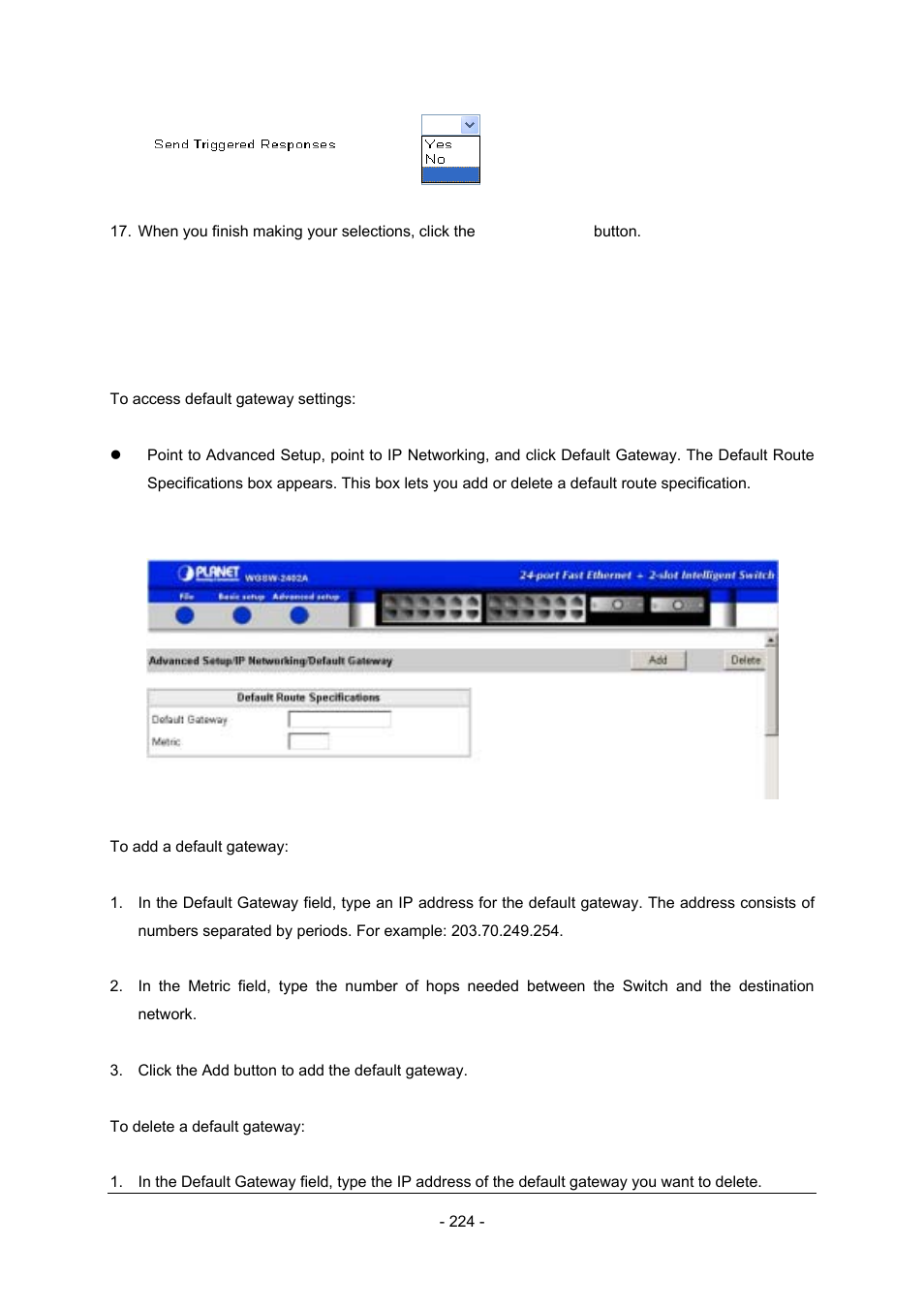 2 default gateway settings | Planet Technology Planet Intelligent Gigabit Ethernet Stackable/Routing Switch WGSW-2402A User Manual | Page 232 / 285