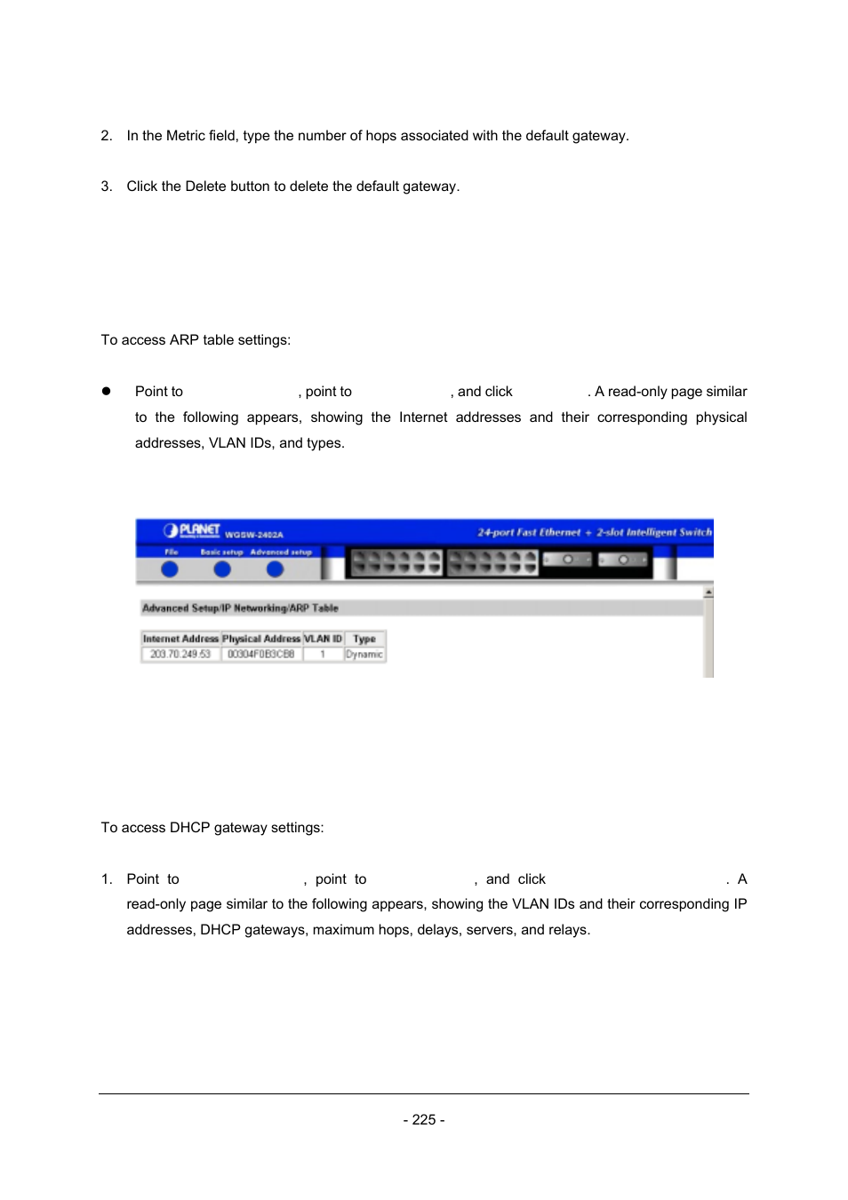 3 arp table settings, 4 dhcp gateway settings | Planet Technology Planet Intelligent Gigabit Ethernet Stackable/Routing Switch WGSW-2402A User Manual | Page 233 / 285