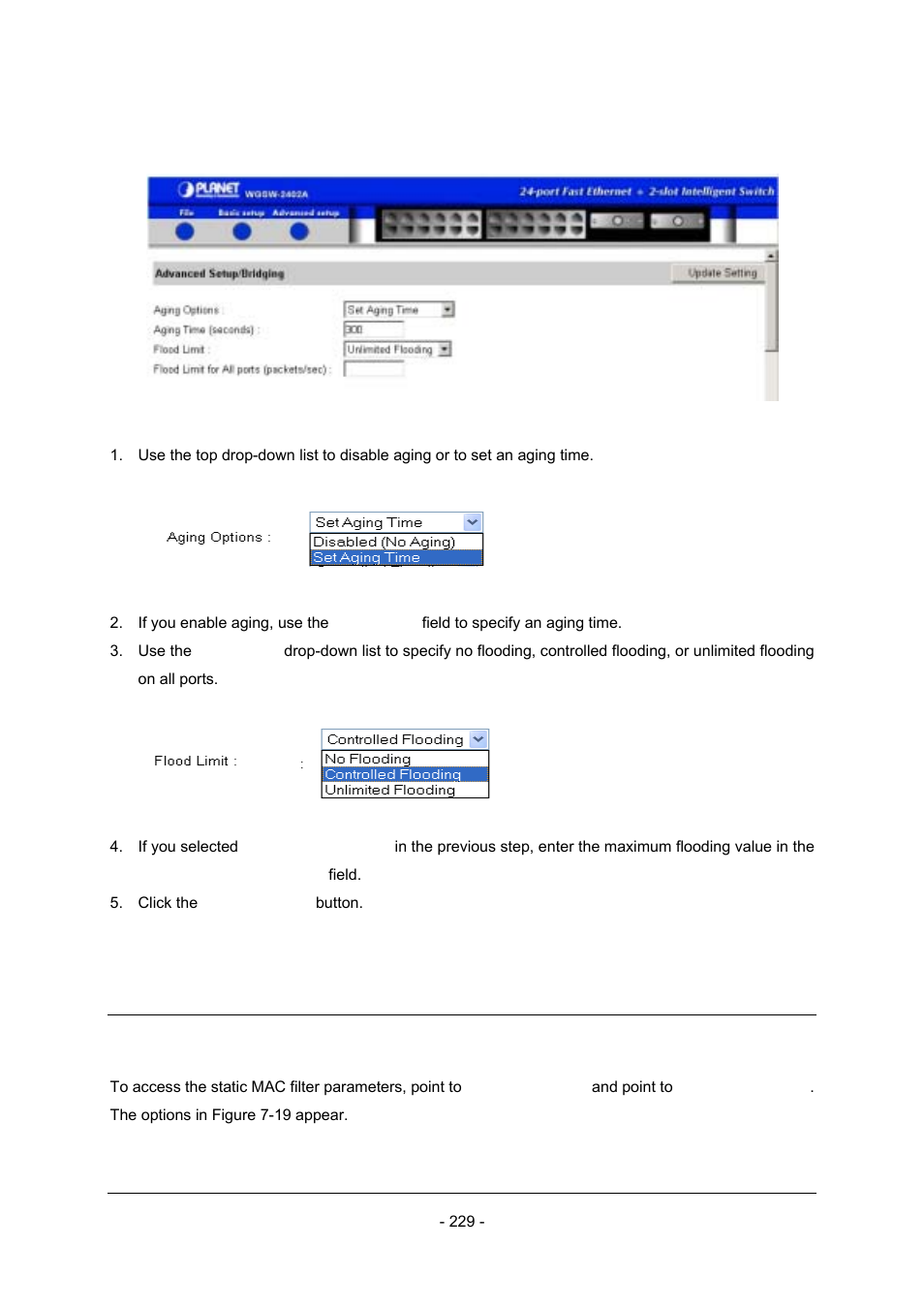 5 static mac filters | Planet Technology Planet Intelligent Gigabit Ethernet Stackable/Routing Switch WGSW-2402A User Manual | Page 237 / 285