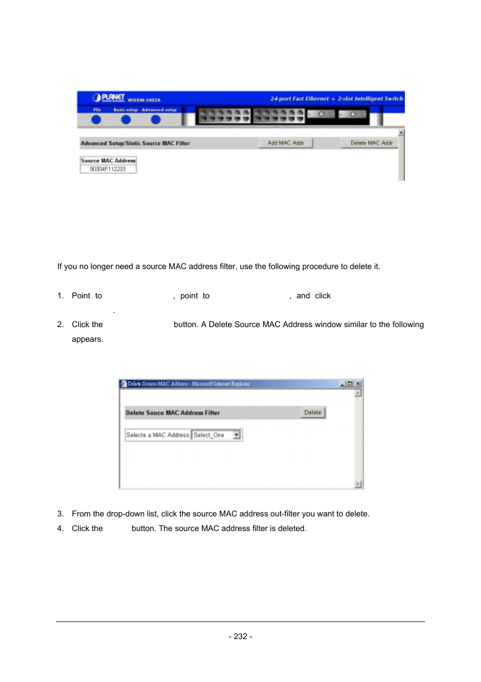 2 deleting source mac address out-filters | Planet Technology Planet Intelligent Gigabit Ethernet Stackable/Routing Switch WGSW-2402A User Manual | Page 240 / 285