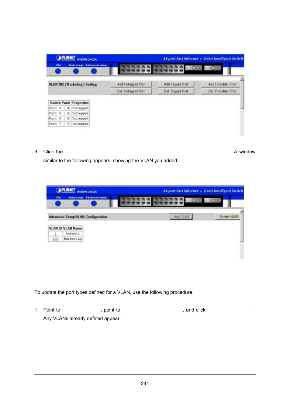 2 updating vlan information | Planet Technology Planet Intelligent Gigabit Ethernet Stackable/Routing Switch WGSW-2402A User Manual | Page 249 / 285