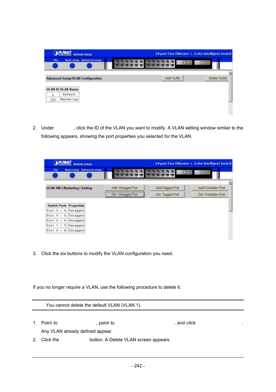 3 deleting a vlan | Planet Technology Planet Intelligent Gigabit Ethernet Stackable/Routing Switch WGSW-2402A User Manual | Page 250 / 285