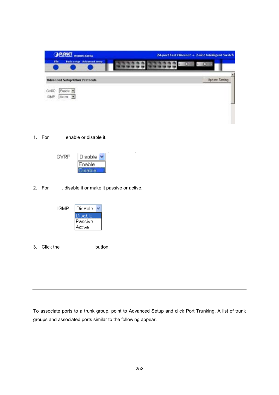 11 port trunking | Planet Technology Planet Intelligent Gigabit Ethernet Stackable/Routing Switch WGSW-2402A User Manual | Page 260 / 285