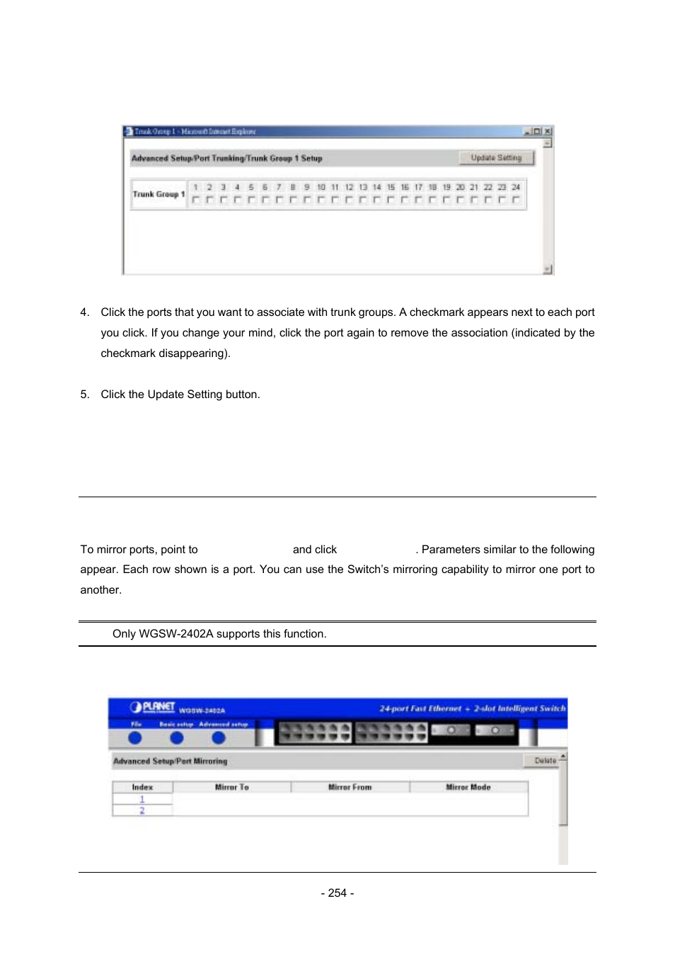 12 port mirroring | Planet Technology Planet Intelligent Gigabit Ethernet Stackable/Routing Switch WGSW-2402A User Manual | Page 262 / 285
