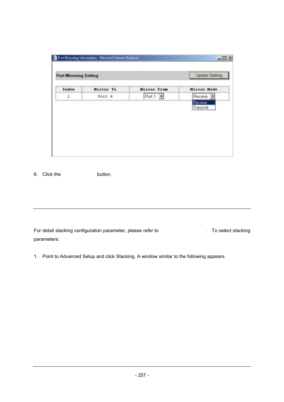 13 selecting stacking settings | Planet Technology Planet Intelligent Gigabit Ethernet Stackable/Routing Switch WGSW-2402A User Manual | Page 265 / 285