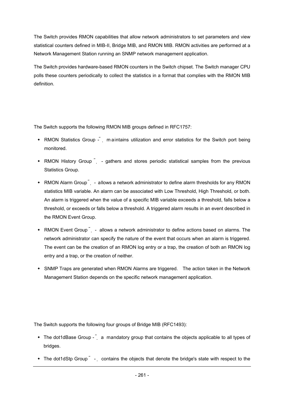 1 rmon groups supported, 2 bridge groups supported | Planet Technology Planet Intelligent Gigabit Ethernet Stackable/Routing Switch WGSW-2402A User Manual | Page 269 / 285