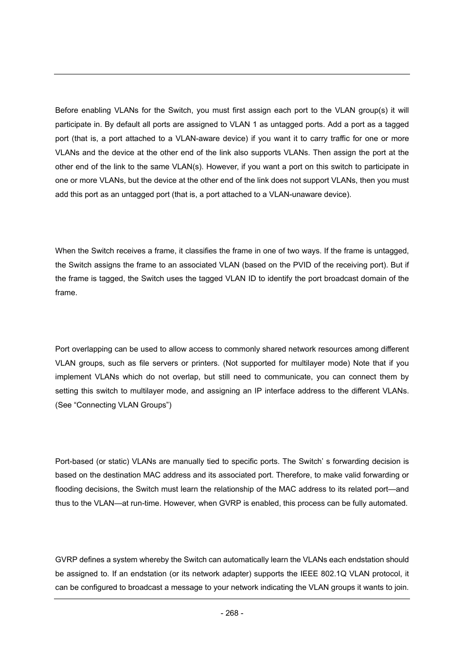 C.1 assigning ports to vlans, C.1.1 vlan classification, C.1.2 port overlapping | C.1.3 port-based vlans, C.1.4 automatic vlan registration (gvrp) | Planet Technology Planet Intelligent Gigabit Ethernet Stackable/Routing Switch WGSW-2402A User Manual | Page 276 / 285
