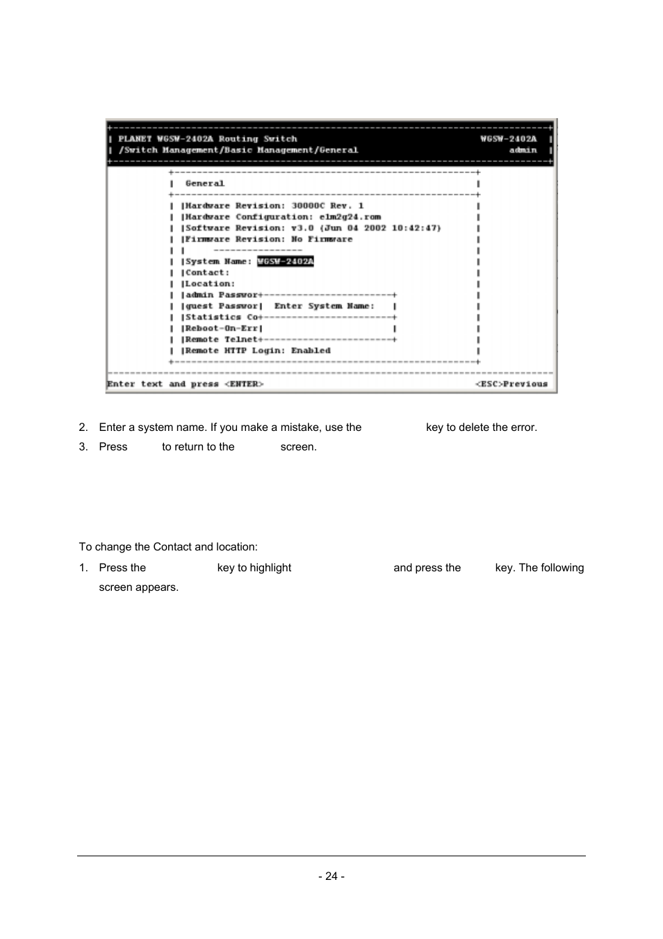 2 changing the contact and location | Planet Technology Planet Intelligent Gigabit Ethernet Stackable/Routing Switch WGSW-2402A User Manual | Page 32 / 285
