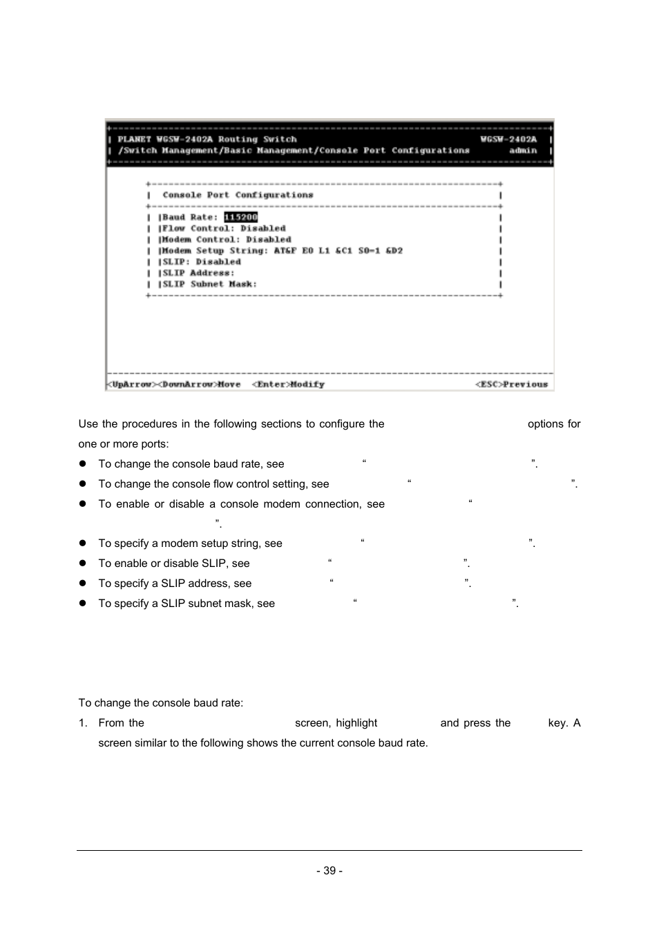 1 changing the console baud rate | Planet Technology Planet Intelligent Gigabit Ethernet Stackable/Routing Switch WGSW-2402A User Manual | Page 47 / 285